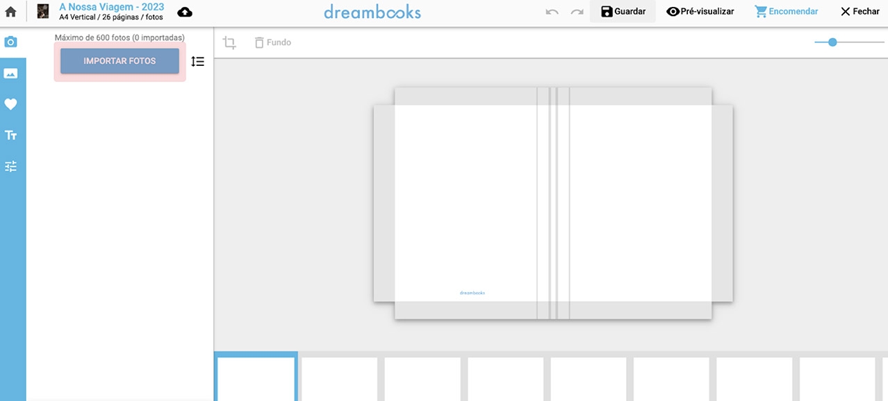 importar fotos no editor online da Dreambooks